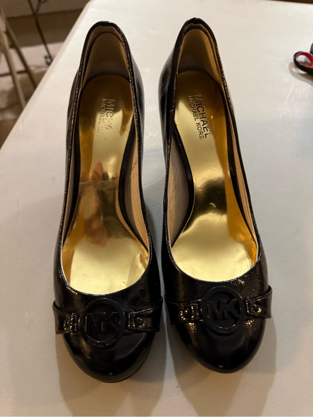 Michael Kors Black Patent Leather Peep-Toe Pumps with MK Emblem